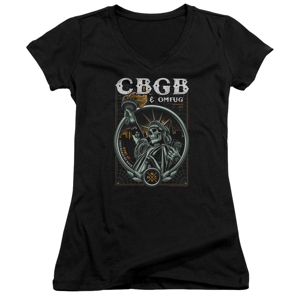 CBGB Liberty Skull Junior Sheer Cap Sleeve V-Neck Womens T Shirt Black