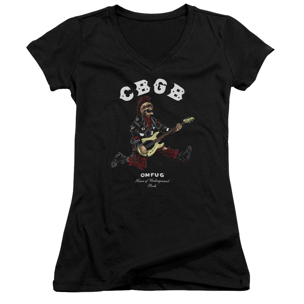 CBGB Skull Jump Junior Sheer Cap Sleeve V-Neck Womens T Shirt Black