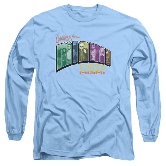 Csi Miami Greeting From Miami Mens Long Sleeve Shirt Carolina Blue Officially Licensed Officially Licensed