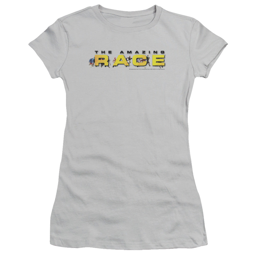 Amazing Race Running Logo Junior Sheer Cap Sleeve Womens T Shirt Silver