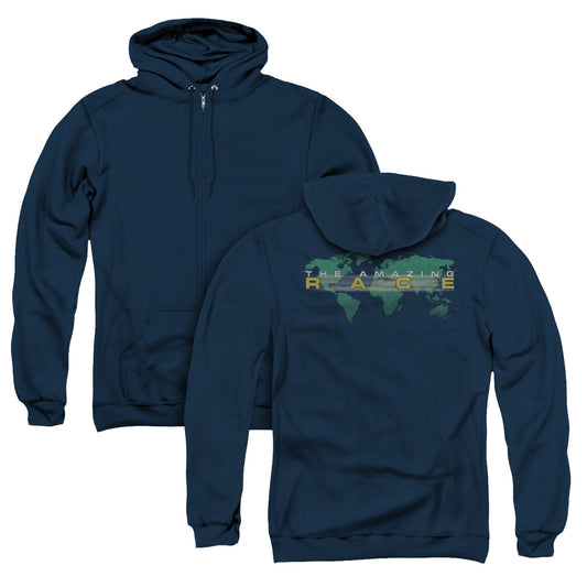 Amazing Race Around the World Back Print Zipper Mens Hoodie Navy