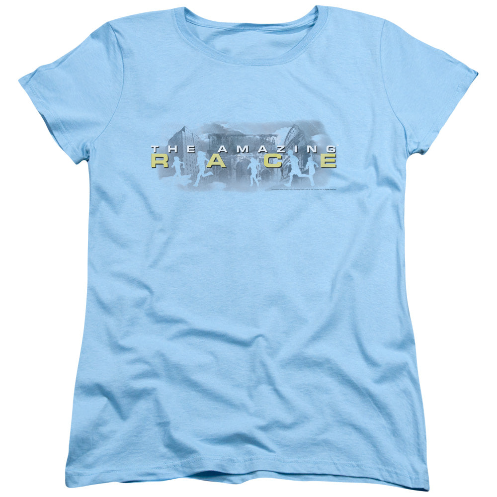 Amazing Race in the Clouds Womens T Shirt Light Blue