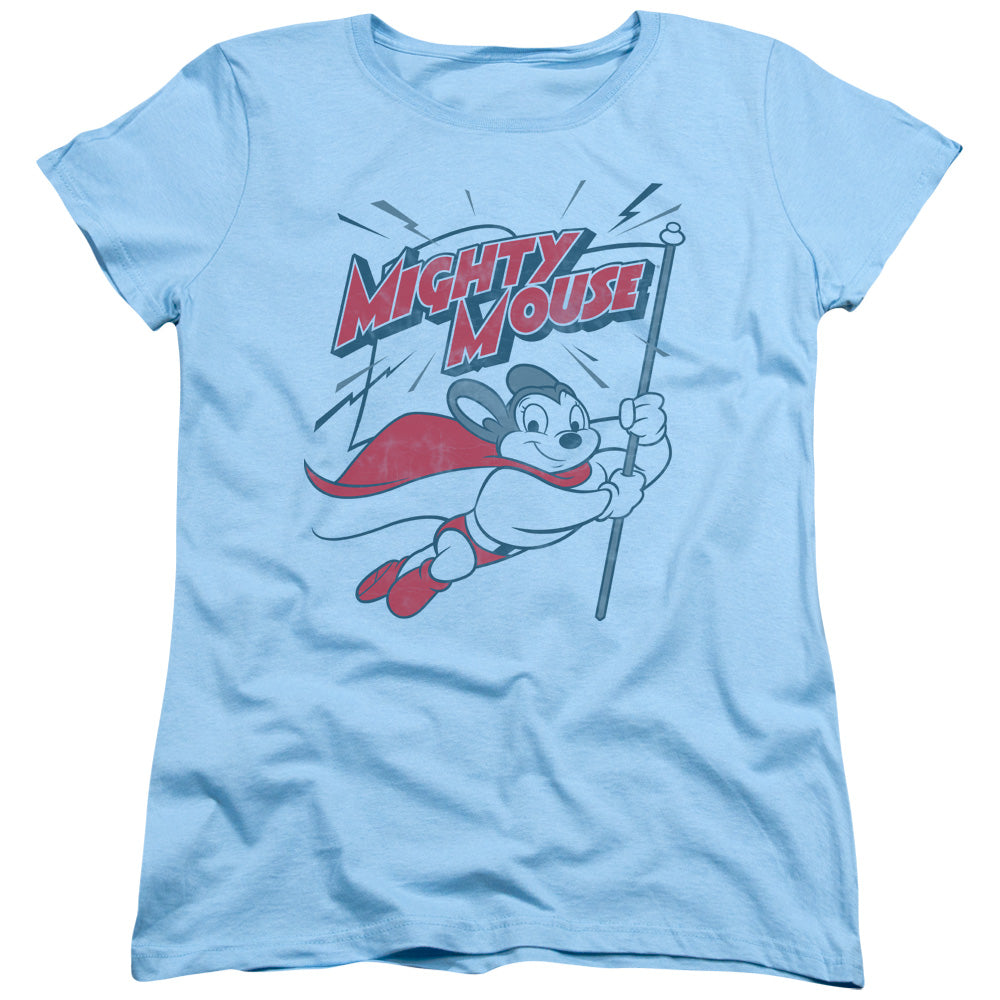 Mighty Mouse Mighty Flag Womens T Shirt Light Blue Officially Licensed