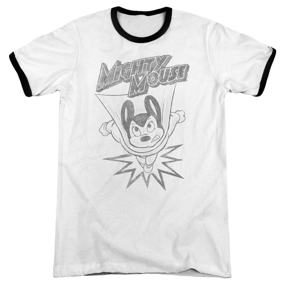 Mighty Mouse Bursting Out Heather Ringer Mens T Shirt White