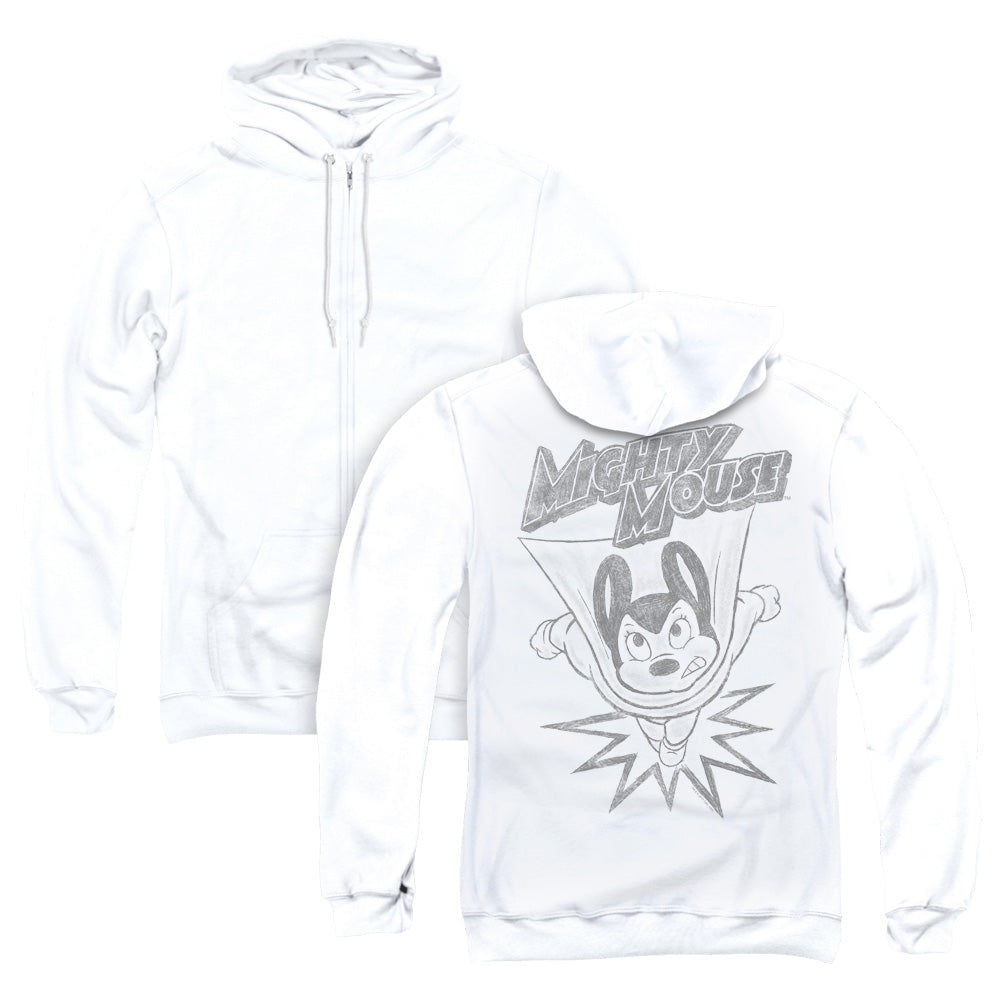 Mighty Mouse Bursting Out Back Print Zipper Mens Hoodie White