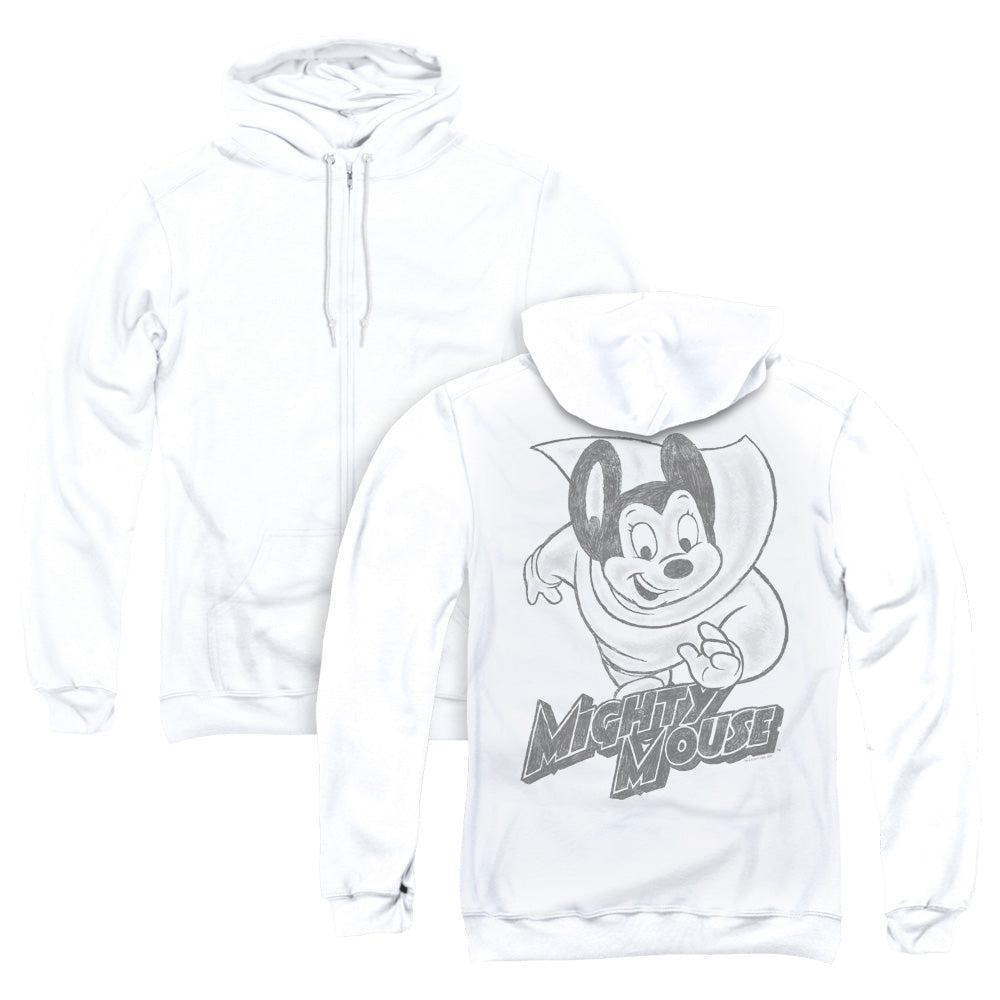 Mighty Mouse Mighty Sketch Back Print Zipper Mens Hoodie White