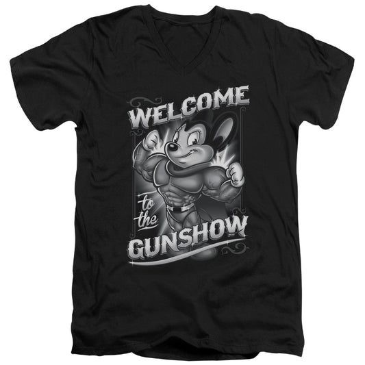 Mighty Mouse Mighty Gunshow Mens Slim Fit V-Neck T Shirt Black Officially Licensed