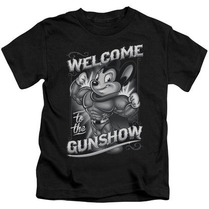 Mighty Mouse Mighty Gunshow Juvenile Kids Youth T Shirt Black Officially Licensed