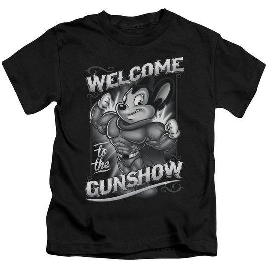 Mighty Mouse Mighty Gunshow Juvenile Kids Youth T Shirt Black Officially Licensed