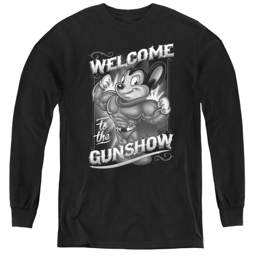 Mighty Mouse Mighty Gunshow Long Sleeve Kids Youth T Shirt Black Officially Licensed