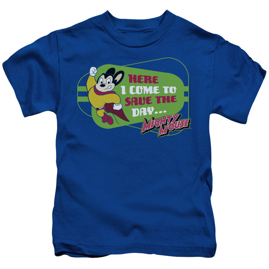 Mighty Mouse Here I Come Juvenile Kids Youth T Shirt Royal Blue Officially Licensed