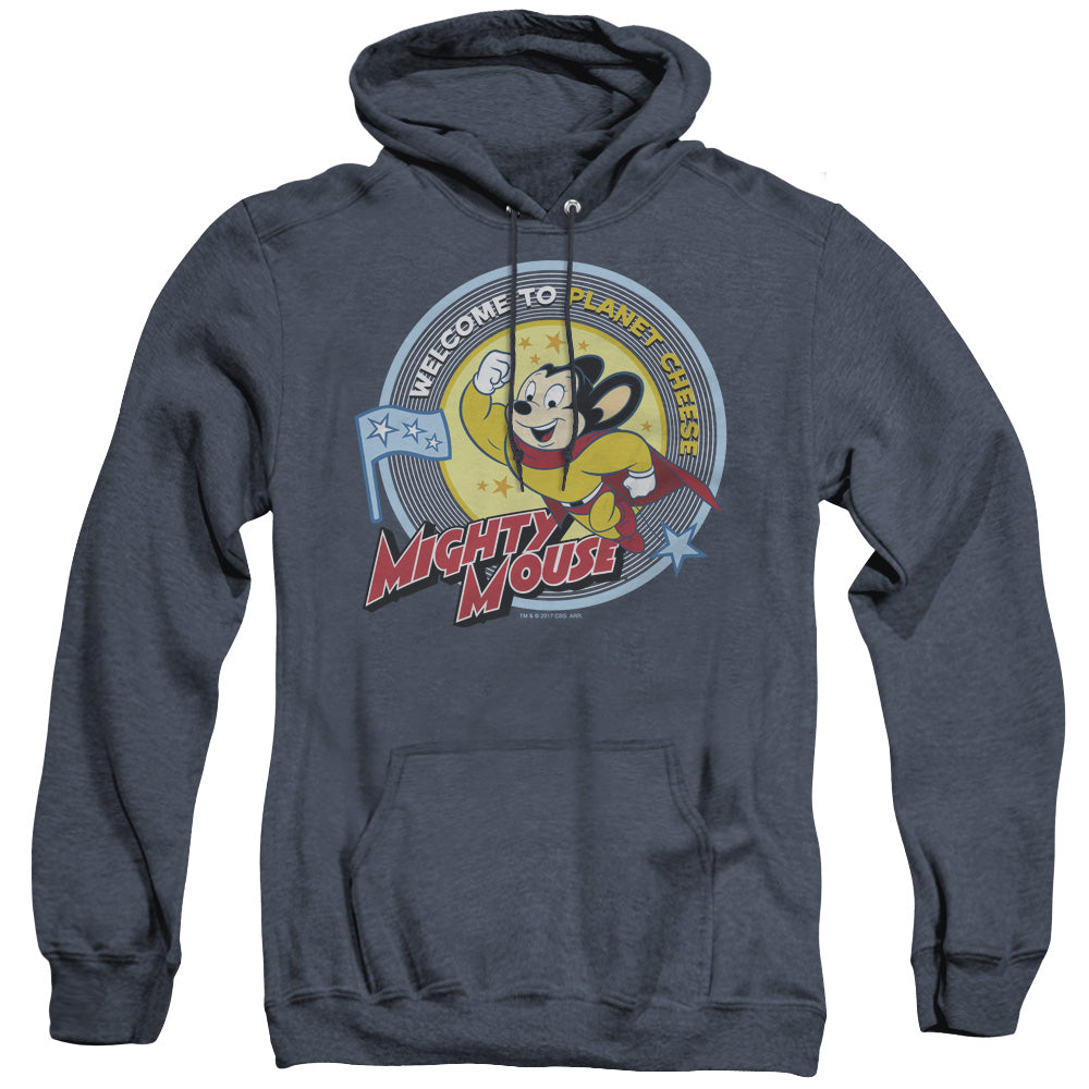 Mighty Mouse Planet Cheese Mens Heather Hoodie Navy Officially Licensed