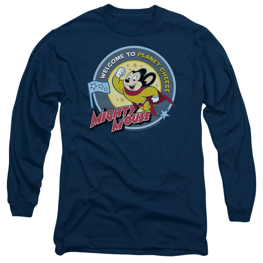 Mighty Mouse Planet Cheese Mens Long Sleeve Shirt Navy Officially Licensed