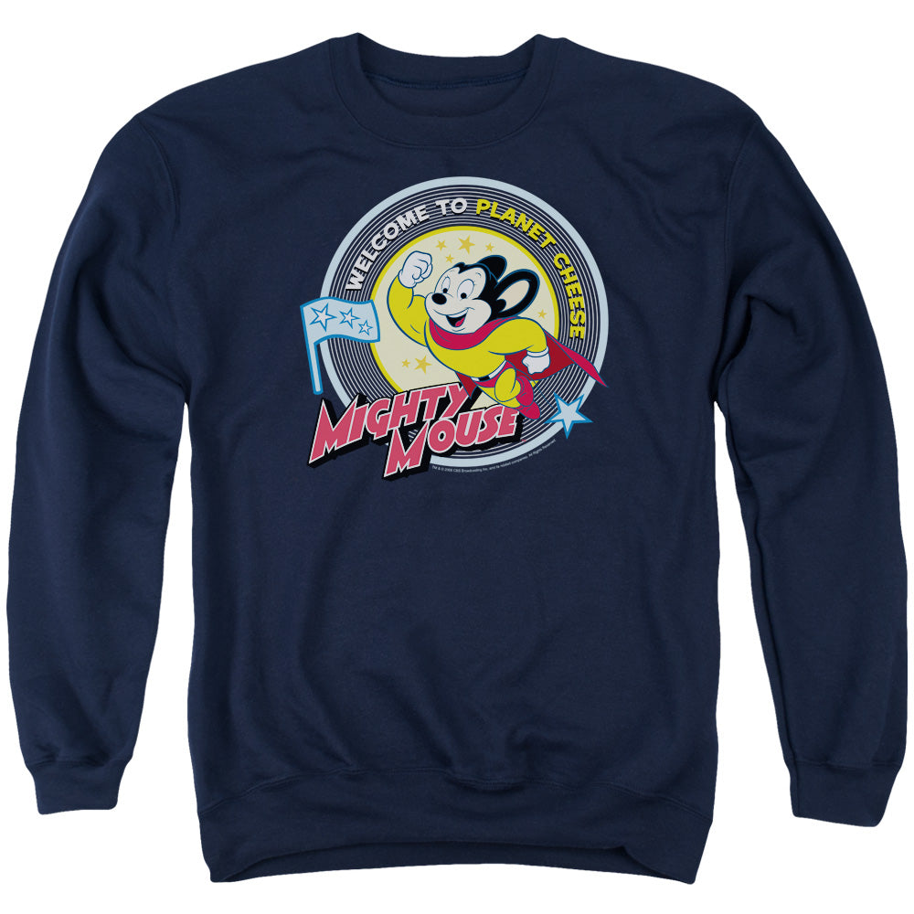 Mighty Mouse Planet Cheese Mens Crewneck Sweatshirt Navy Blue