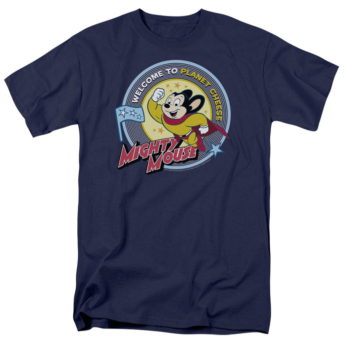 Mighty Mouse Planet Cheese Mens T Shirt Navy Blue