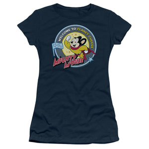 Mighty Mouse Planet Cheese Junior Sheer Cap Sleeve Womens T Shirt Navy Blue