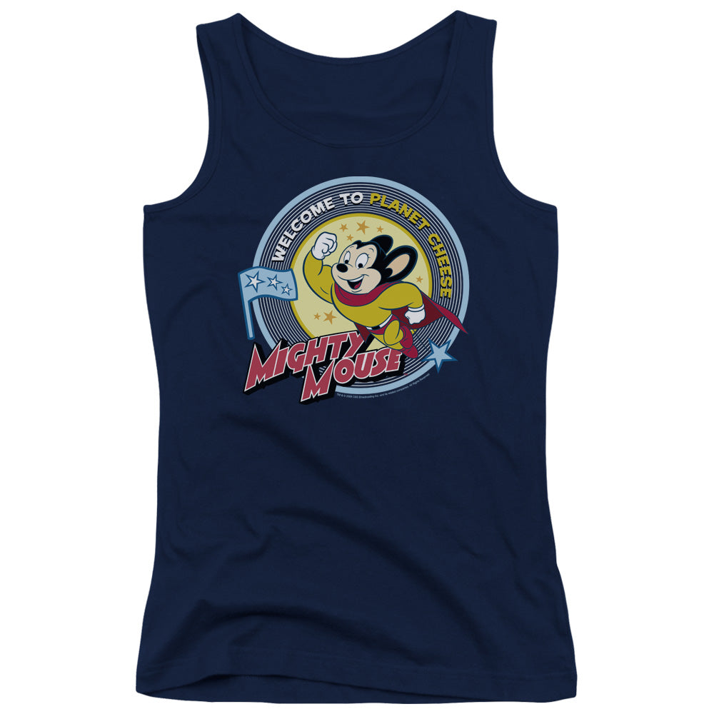 Mighty Mouse Planet Cheese Womens Tank Top Shirt Navy Blue