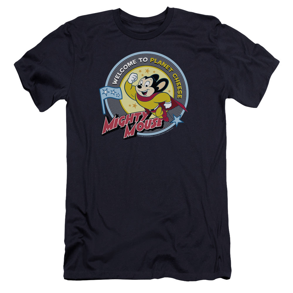 Mighty Mouse Planet Cheese Premium Bella Canvas Slim Fit Mens T Shirt Navy Blue