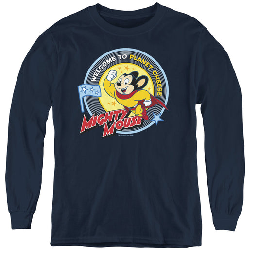 Mighty Mouse Planet Cheese Long Sleeve Kids Youth T Shirt Navy Blue