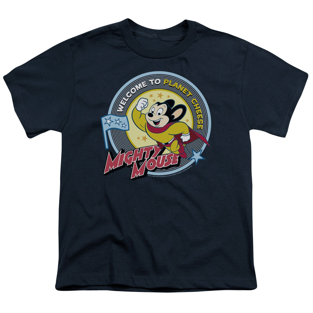 Mighty Mouse Planet Cheese Kids Youth T Shirt Navy Blue