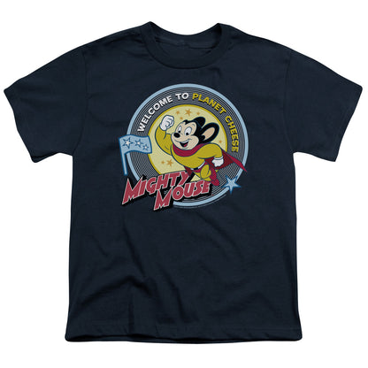 Mighty Mouse Planet Cheese Kids Youth T Shirt Navy Officially Licensed