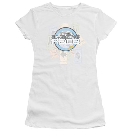 Amazing Race the Race Junior Sheer Cap Sleeve Womens T Shirt White