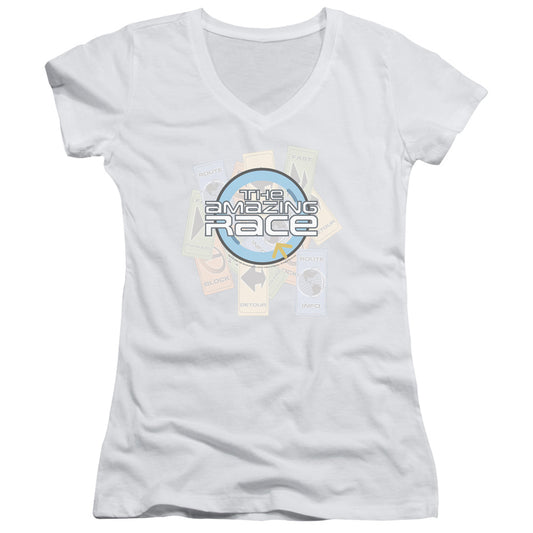 Amazing Race the Race Junior Sheer Cap Sleeve V-Neck Womens T Shirt White