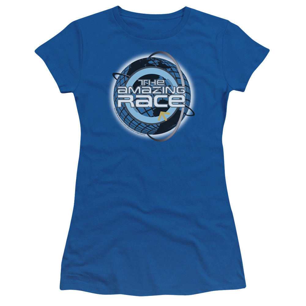 Amazing Race Around the Globe Junior Sheer Cap Sleeve Womens T Shirt Royal Blue