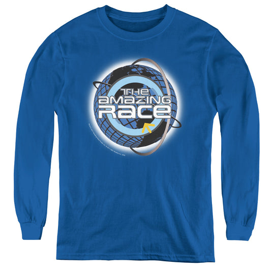 Amazing Race Around the Globe Long Sleeve Kids Youth T Shirt Royal Blue