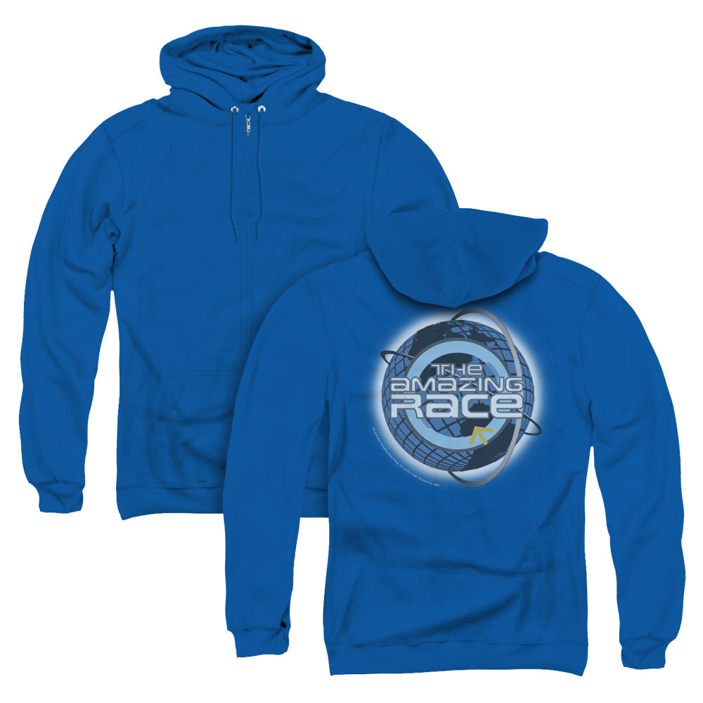 Amazing Race Around the Globe Back Print Zipper Mens Hoodie Royal Blue