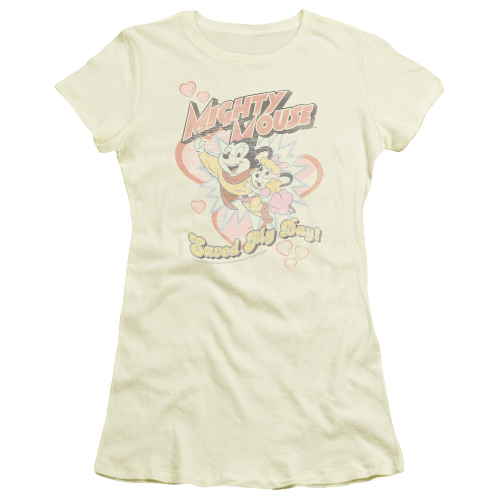 Mighty Mouse Saved My Day Junior Sheer Cap Sleeve Womens T Shirt Cream