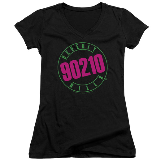 90210 Neon Junior Sheer Cap Sleeve V-Neck Womens T Shirt Black