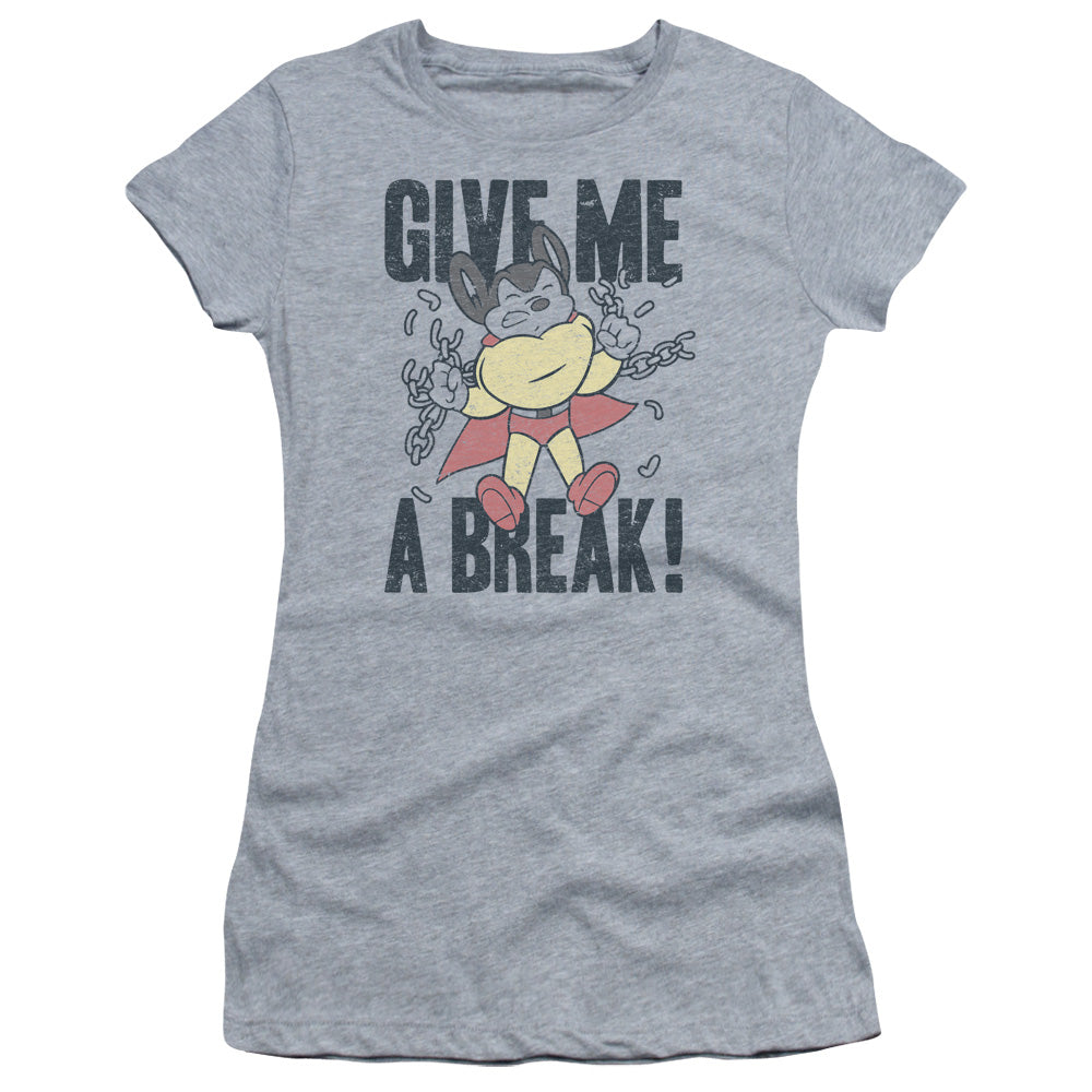 Mighty Mouse Give Me a Break Junior Sheer Cap Sleeve Womens T Shirt Athletic Heather