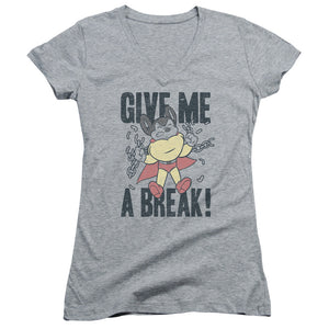 Mighty Mouse Give Me a Break Junior Sheer Cap Sleeve V-Neck Womens T Shirt Athletic Heather