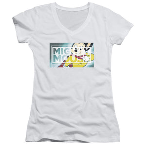 Mighty Mouse Mighty Rectangle Junior Sheer Cap Sleeve V-Neck Womens T Shirt White