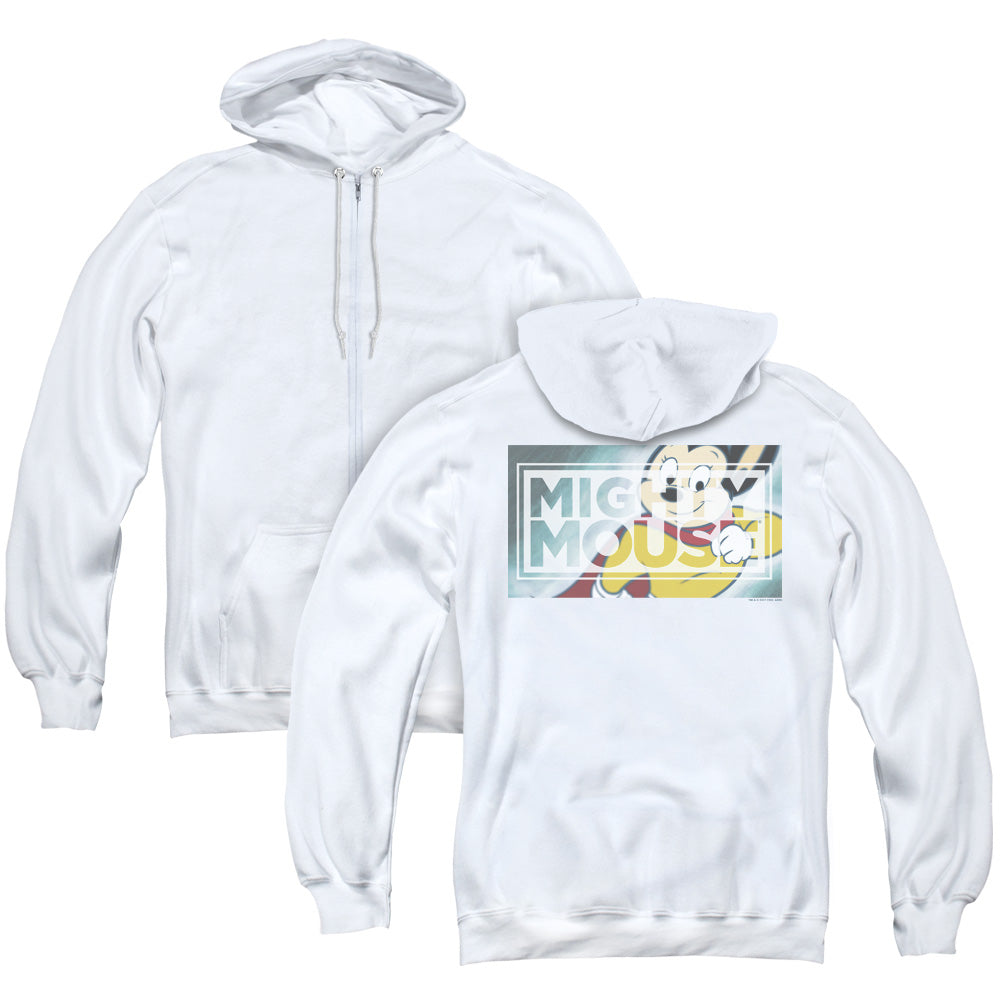 Mighty Mouse Mighty Rectangle Back Print Zipper Mens Hoodie White