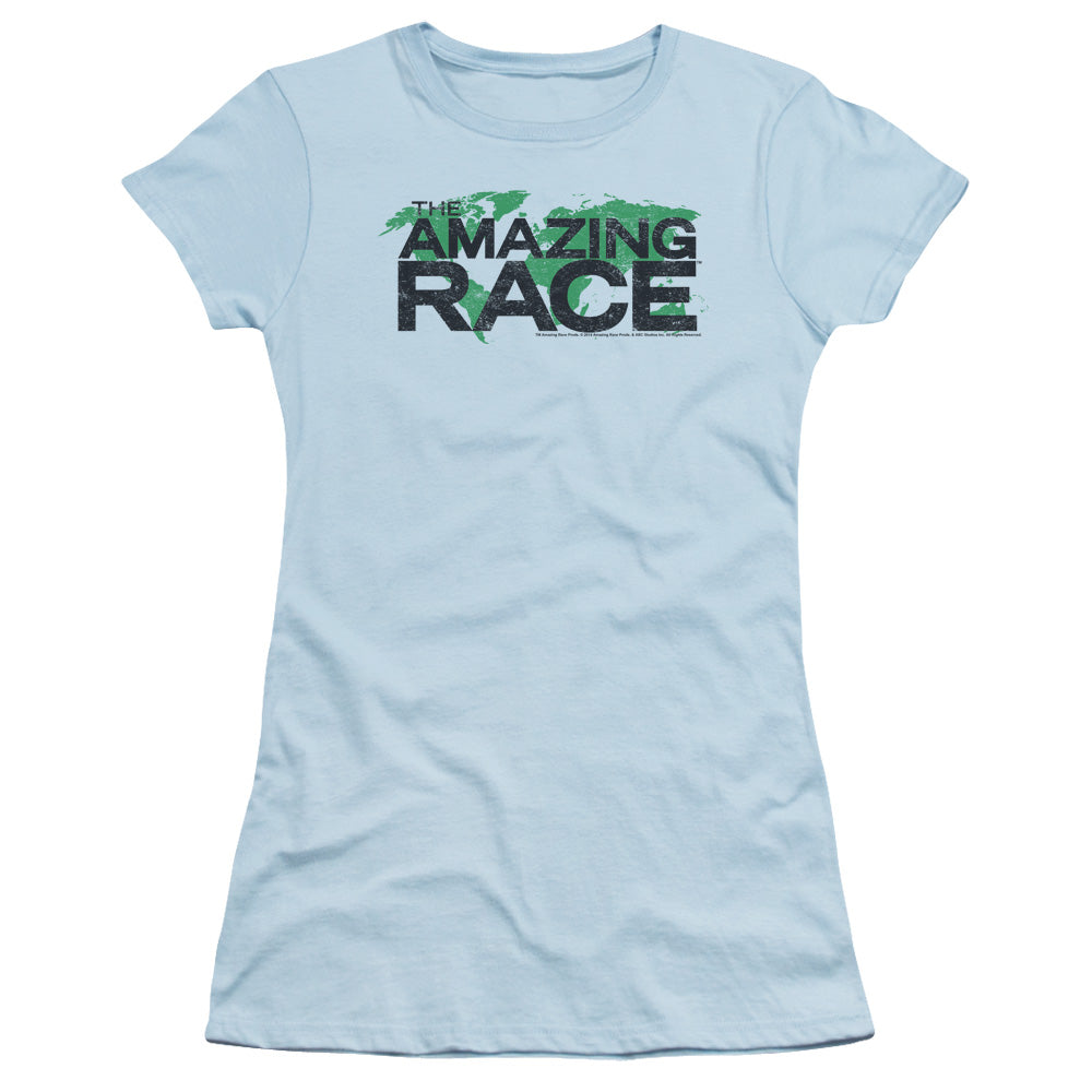 Amazing Race Race World Junior Sheer Cap Sleeve Womens T Shirt Light Blue