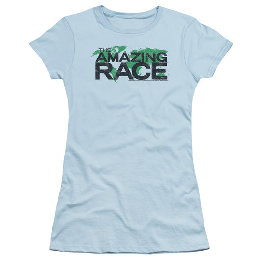 Amazing Race Race World Junior Sheer Cap Sleeve Womens T Shirt Light Blue