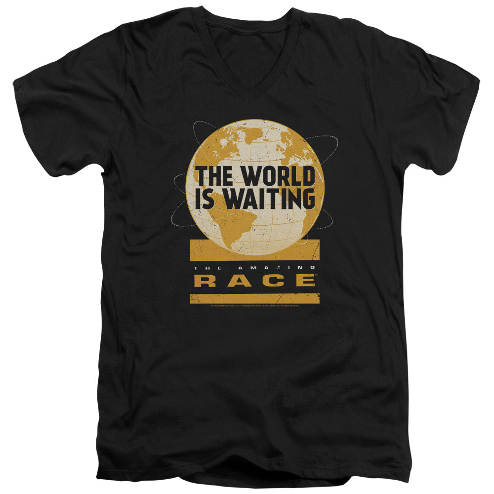 Amazing Race Waiting World Mens Slim Fit V-Neck T Shirt Black