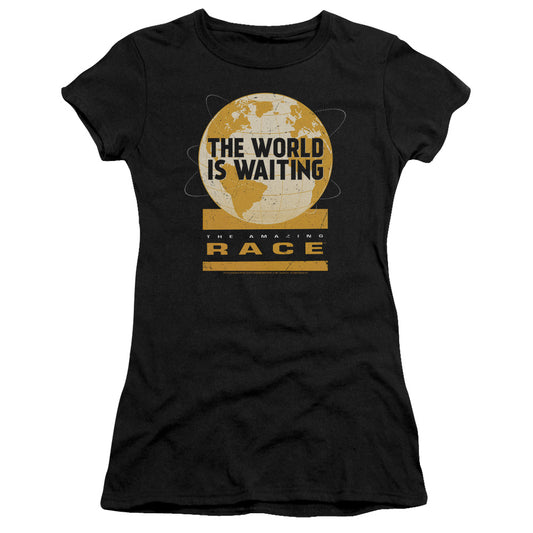 Amazing Race Waiting World Junior Sheer Cap Sleeve Womens T Shirt Black