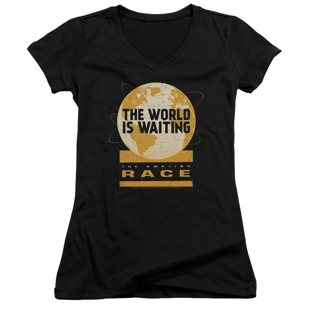 Amazing Race Waiting World Junior Sheer Cap Sleeve V-Neck Womens T Shirt Black