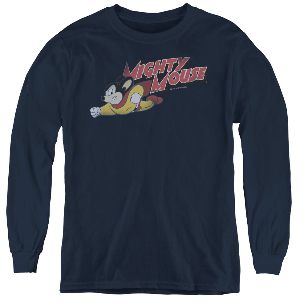Mighty Mouse Mighty Retro Long Sleeve Kids Youth T Shirt Navy Blue