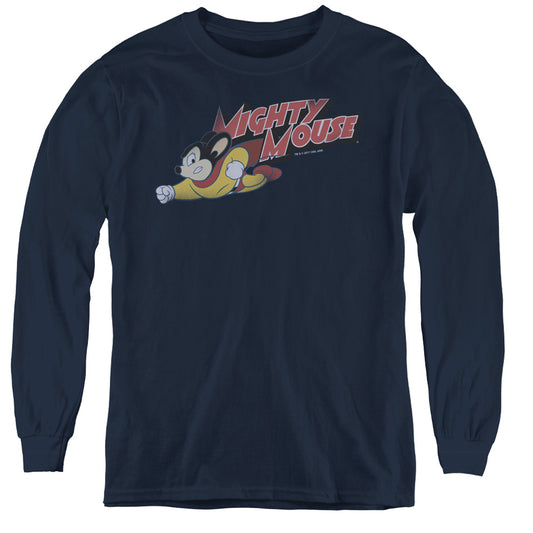 Mighty Mouse Mighty Retro Long Sleeve Kids Youth T Shirt Navy Blue