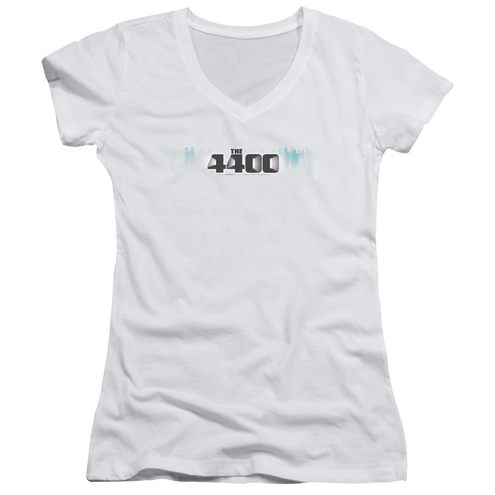 4400 the 4400 Logo Junior Sheer Cap Sleeve V-Neck Womens T Shirt White