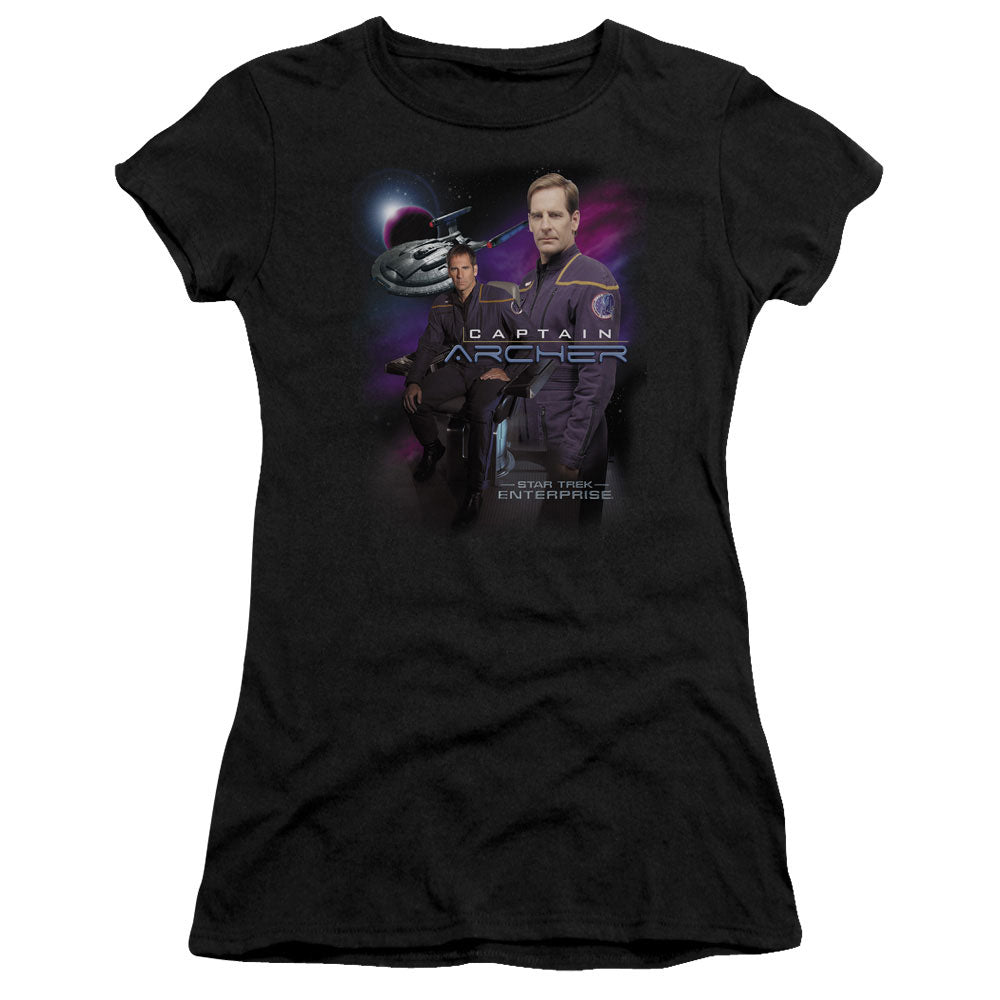 Star Trek Captain Archer Junior Sheer Cap Sleeve Womens T Shirt Black