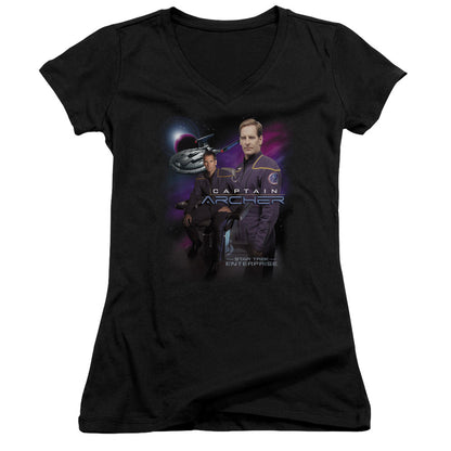 Star Trek Captain Archer Junior Sheer Cap Sleeve V-Neck Womens T Shirt Black