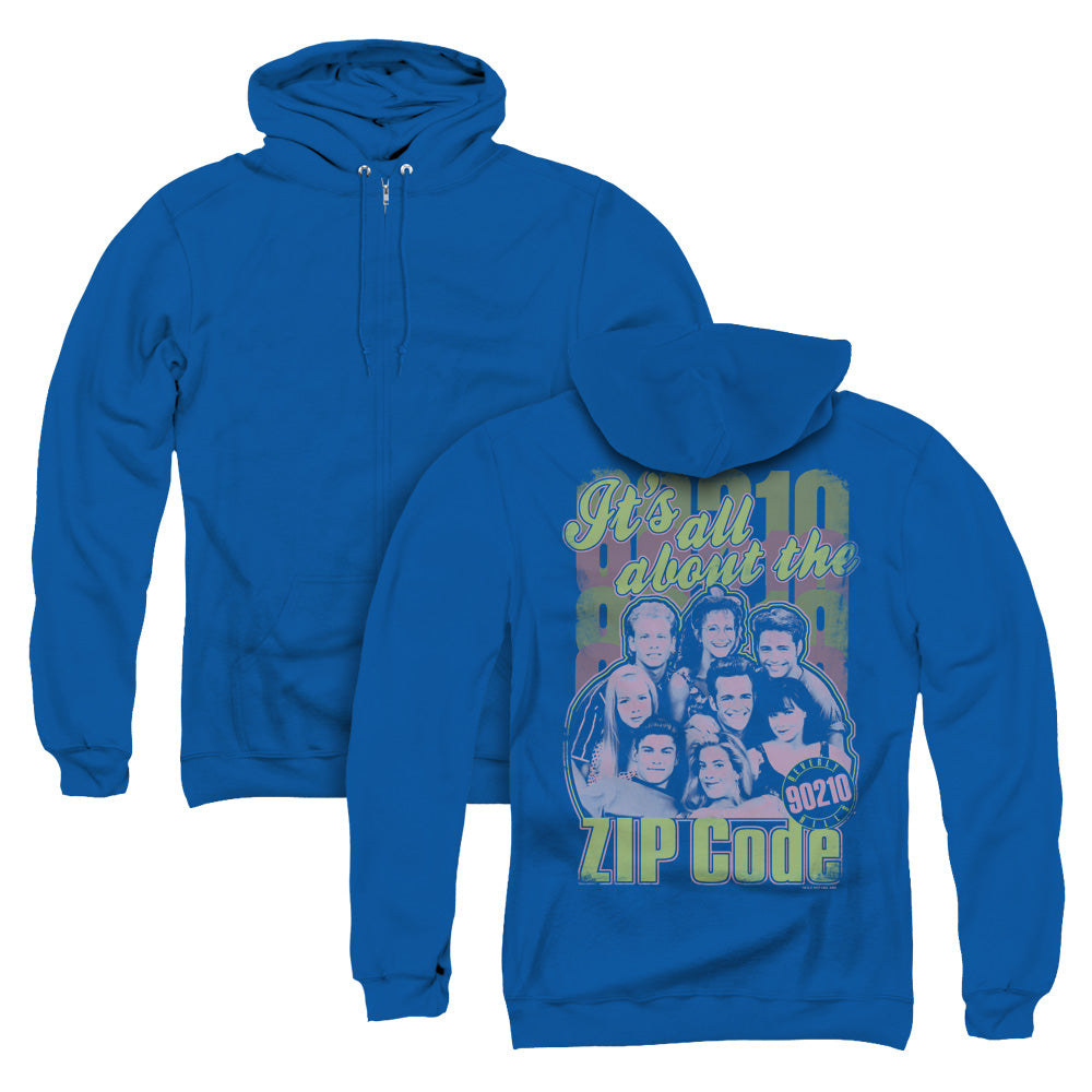 90210 Zip Code Back Print Zipper Mens Hoodie Royal Blue