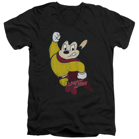 Mighty Mouse Classic Hero Mens Slim Fit V-Neck T Shirt Black Officially Licensed