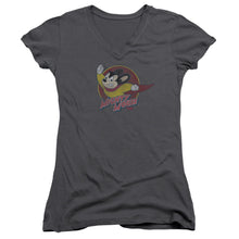 Load image into Gallery viewer, Mighty Mouse Mighty Circle Junior Sheer Cap Sleeve V-Neck Womens T Shirt Charcoal