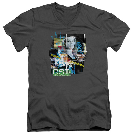 Csi Evidence Collage Mens Slim Fit V-Neck T Shirt Charcoal Officially Licensed